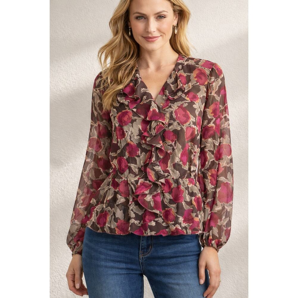 Chadwicks Ruffle Chiffon Peplum Blouse Size 12 Floral Cranberry Boho